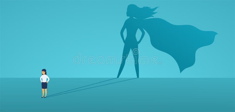 Business woman with big shadow superhero. Super manager leader in business. Concept of success, quality of leadership, trust, emancipation. Vector illustration flat style. Business woman with big shadow superhero. Super manager leader in business. Concept of success, quality of leadership, trust, emancipation. Vector illustration flat style
